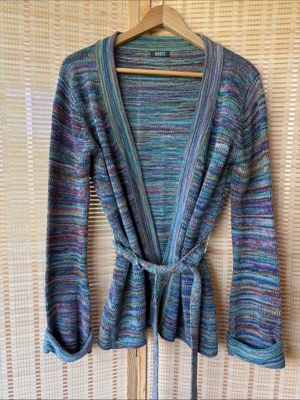 Roots Multicolor Knit Belted Cardigan in Blue-Green-Purple Rainbow stitching
